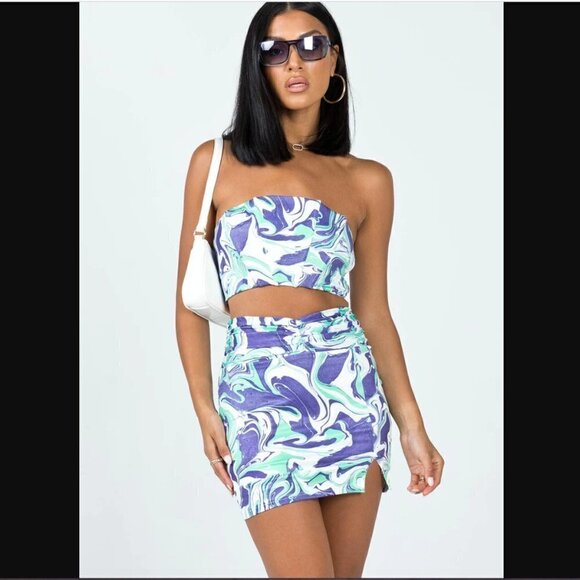 Princess Polly Zoe Blue Green Marble Swirl Crop Top + Skirt Coord Set 2 - Picture 1 of 12